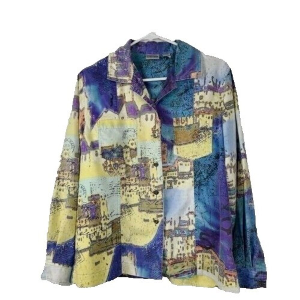 Chicos Womens Wearable Art Jacket Medium Yellow Blue Abstract Novelty Shacket